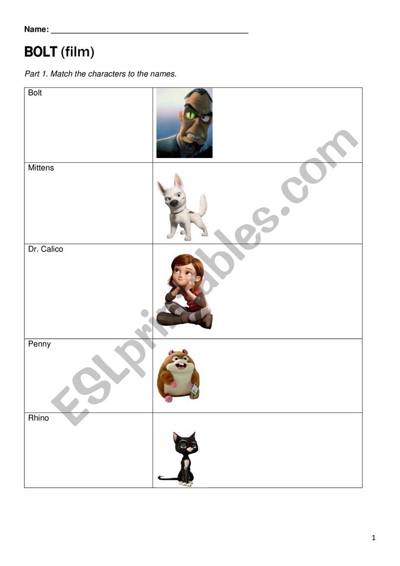 Bolt Movie worksheet