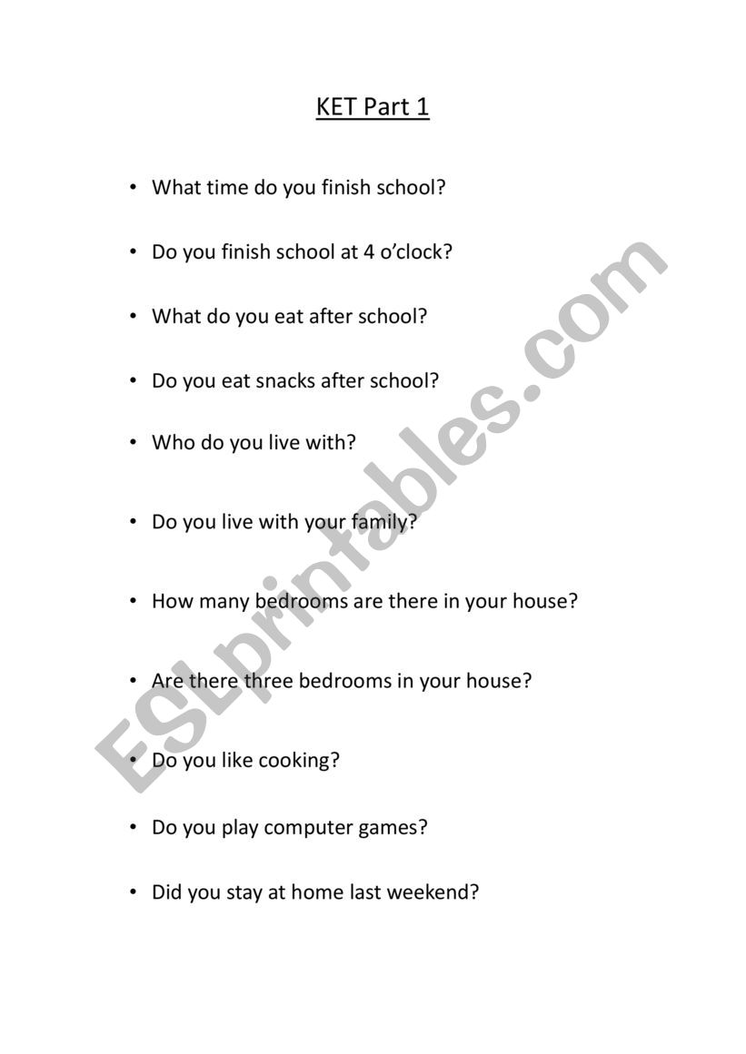 KET speaking part 1  worksheet