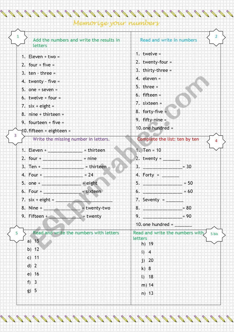 numbers worksheet