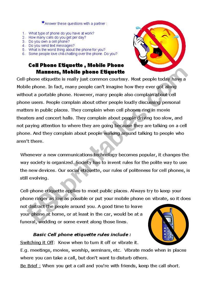 Cell Phone Etiquette Rules worksheet
