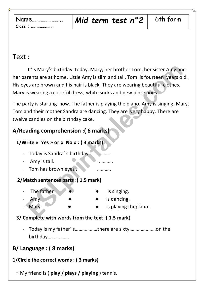 2nd term test worksheet
