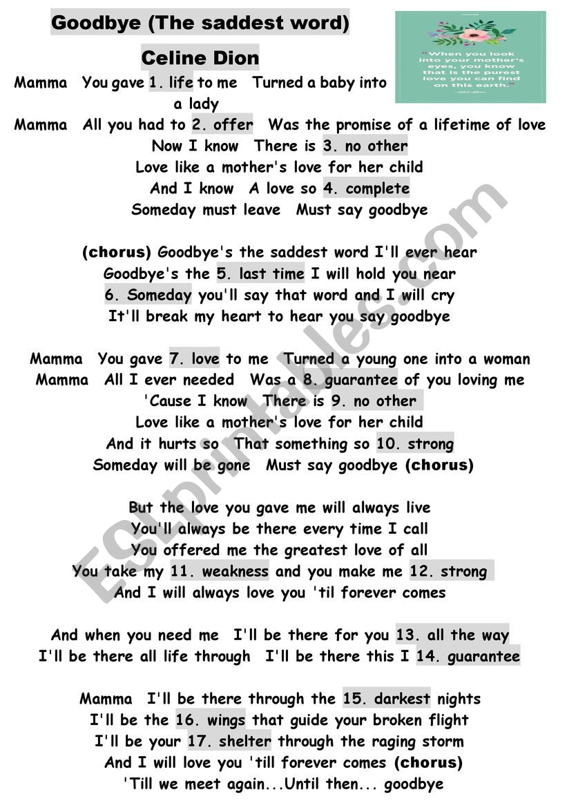 Goodbye The saddest word Listening Exercise Key ESL