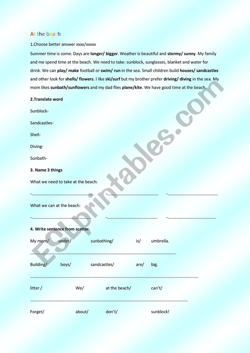 At the beach worksheet