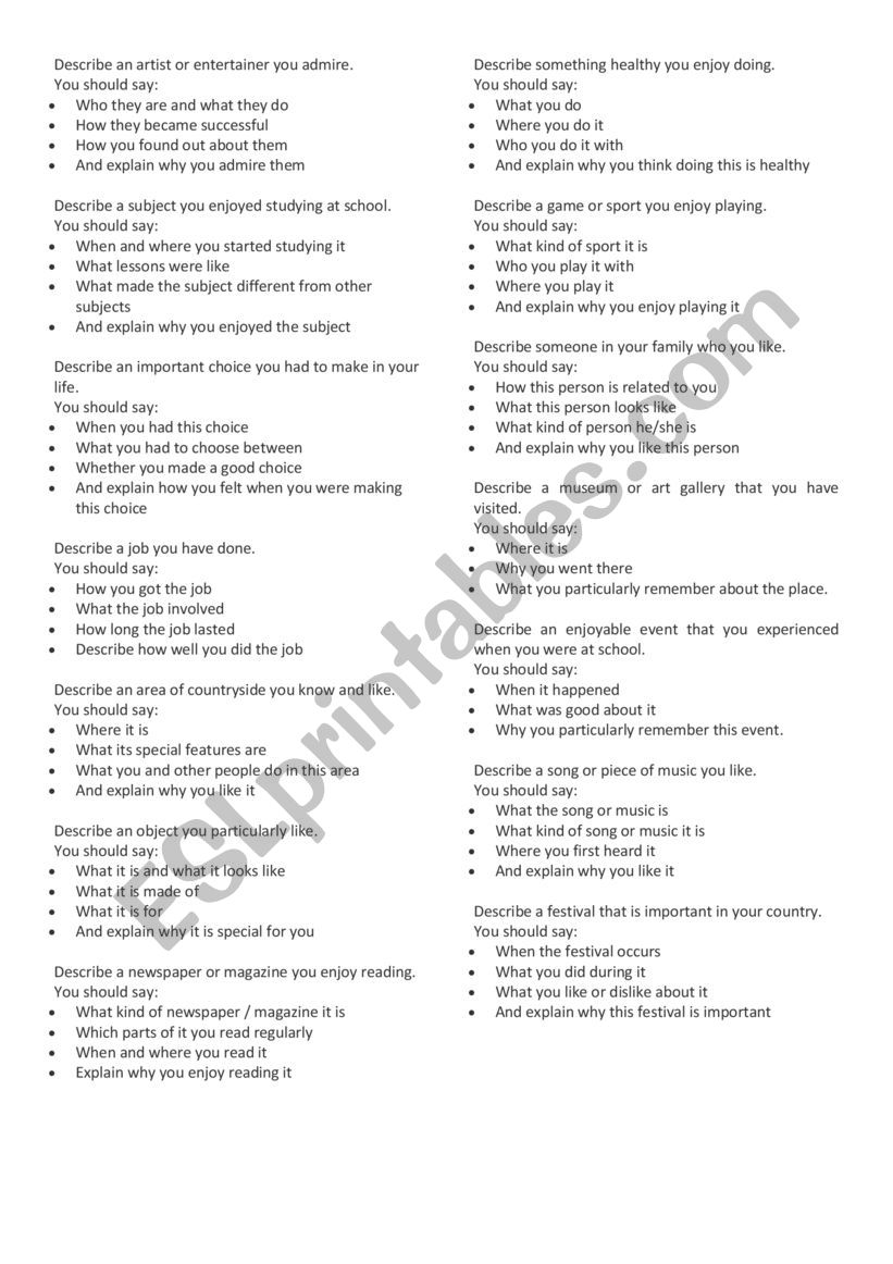 IELTS speaking part 2 cards worksheet