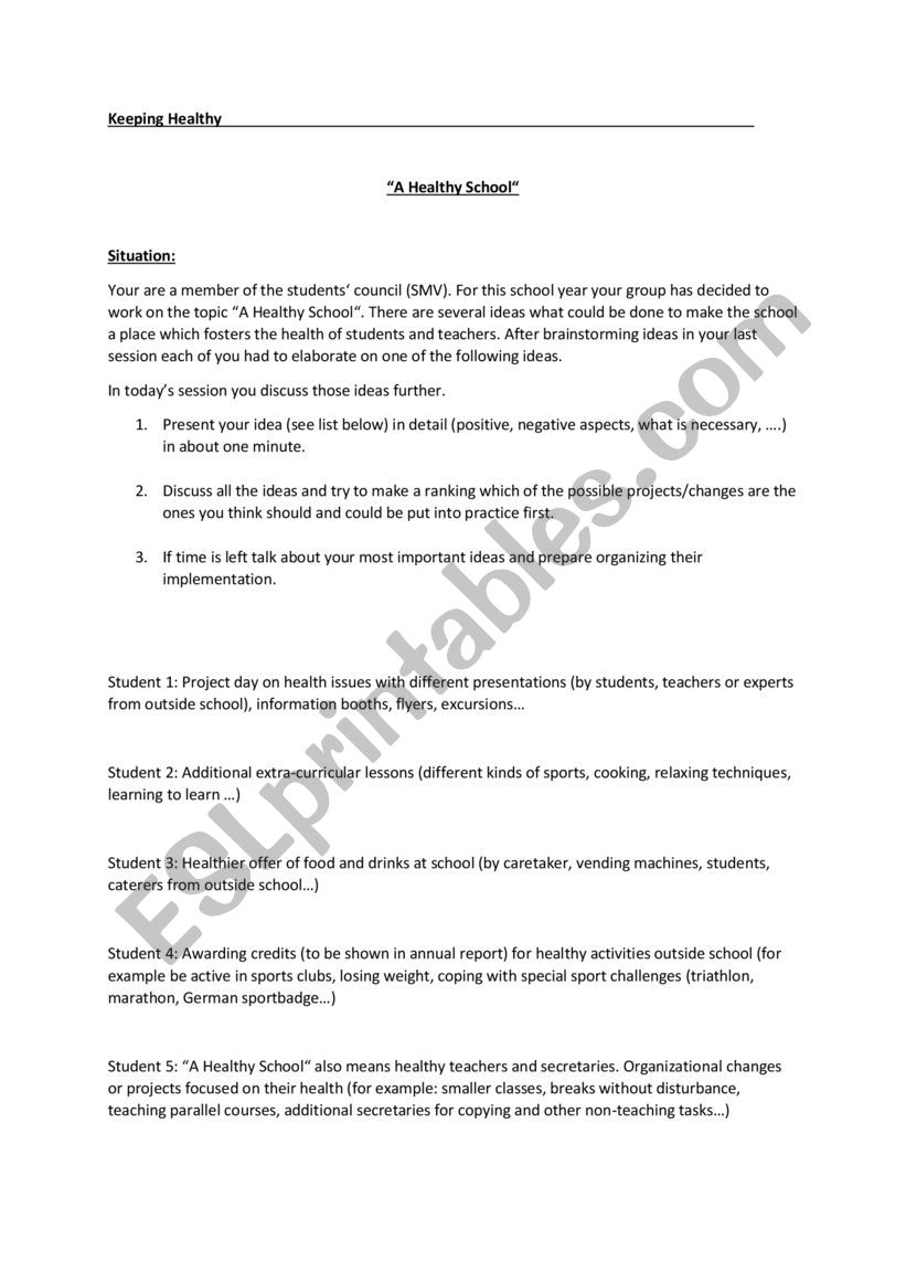 Discussion: a healthy school worksheet