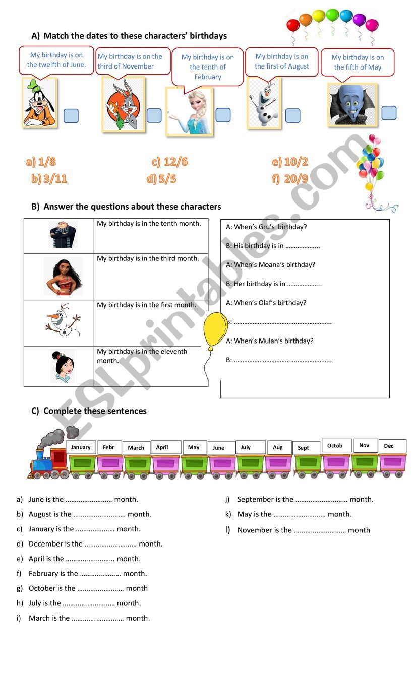 Months and ordinal numbers worksheet