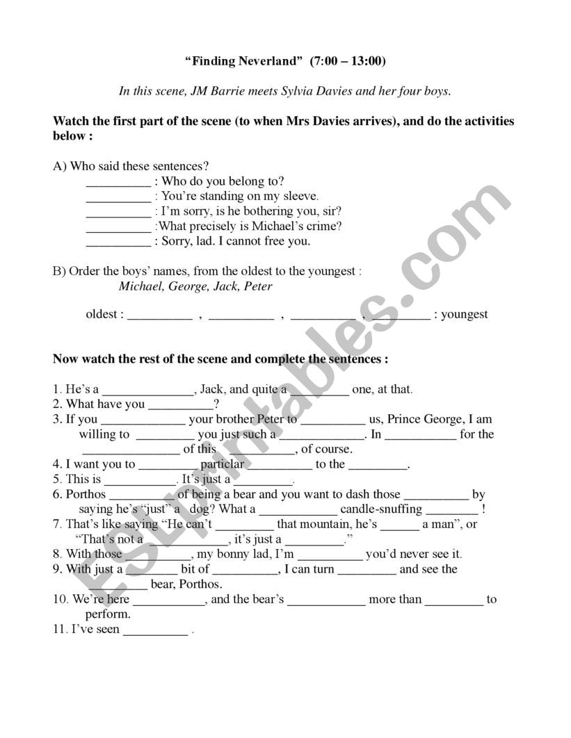 Neverland worksheet