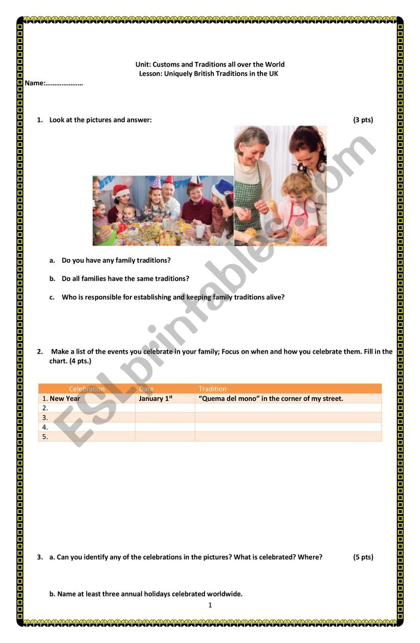 British Traditions worksheet