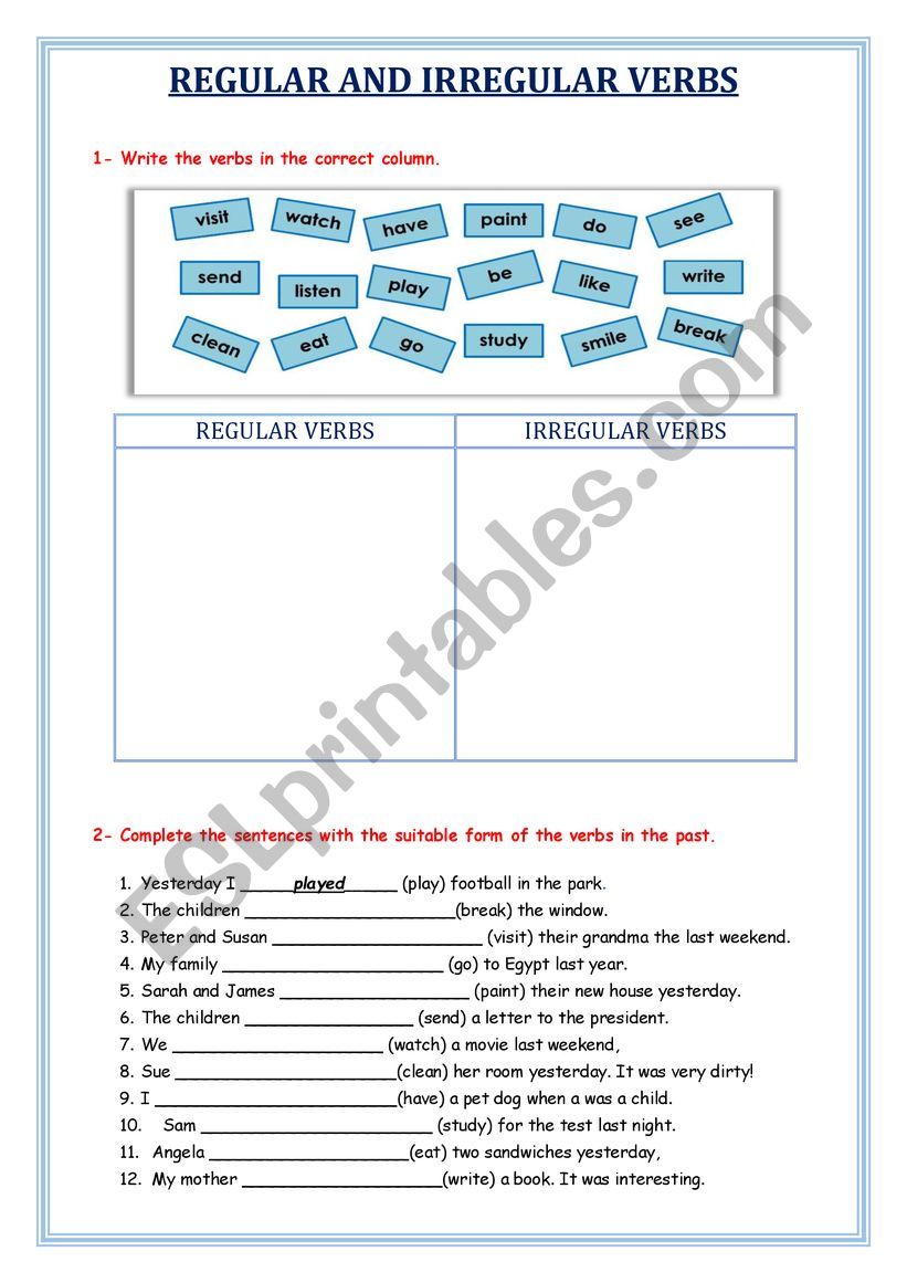 Regular and Irregular verbs  worksheet