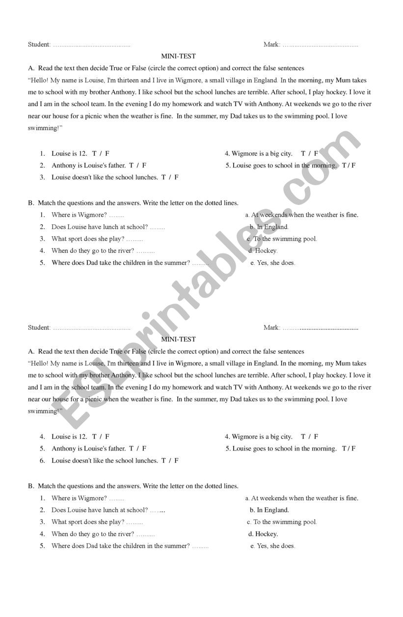 Mini test Simple Present worksheet