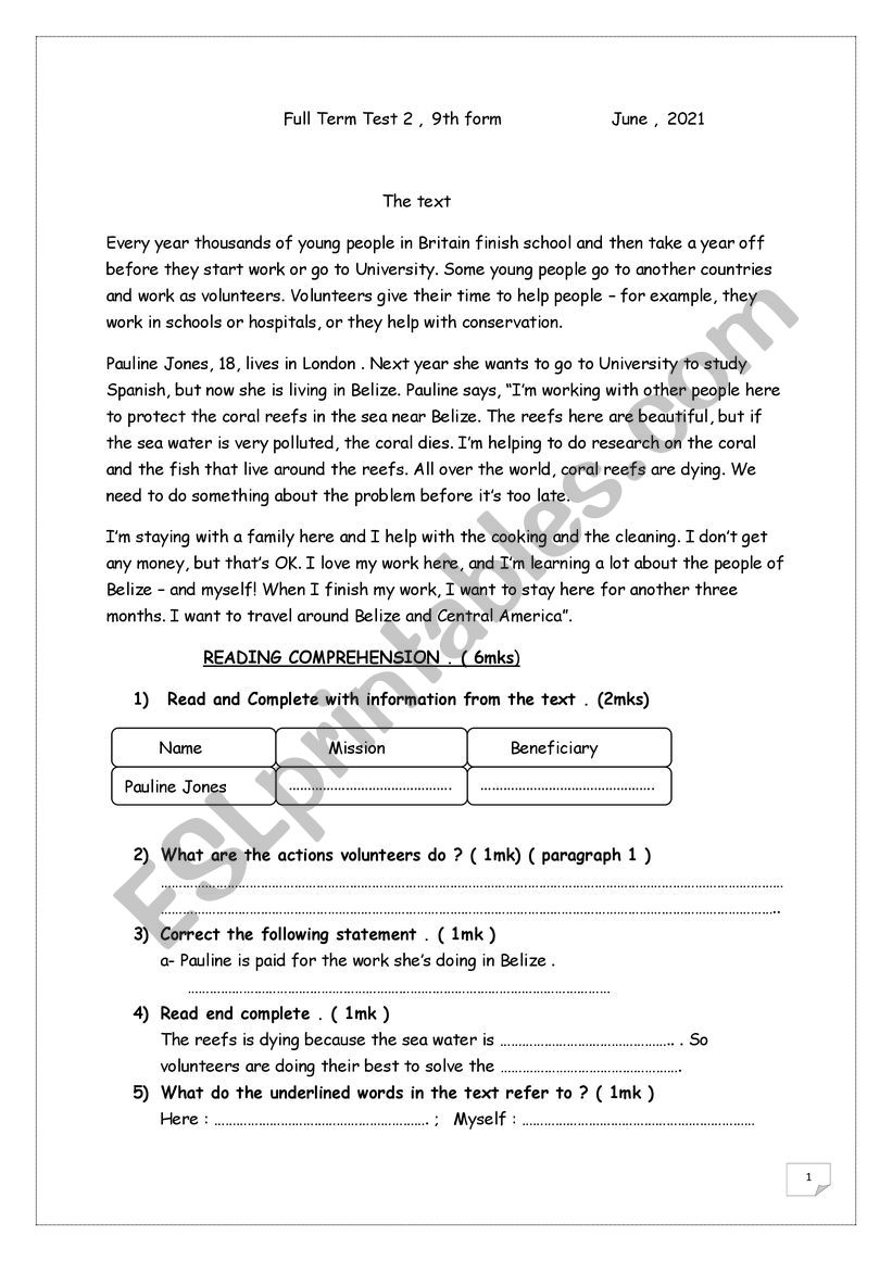 full term test 2 , 2021 worksheet