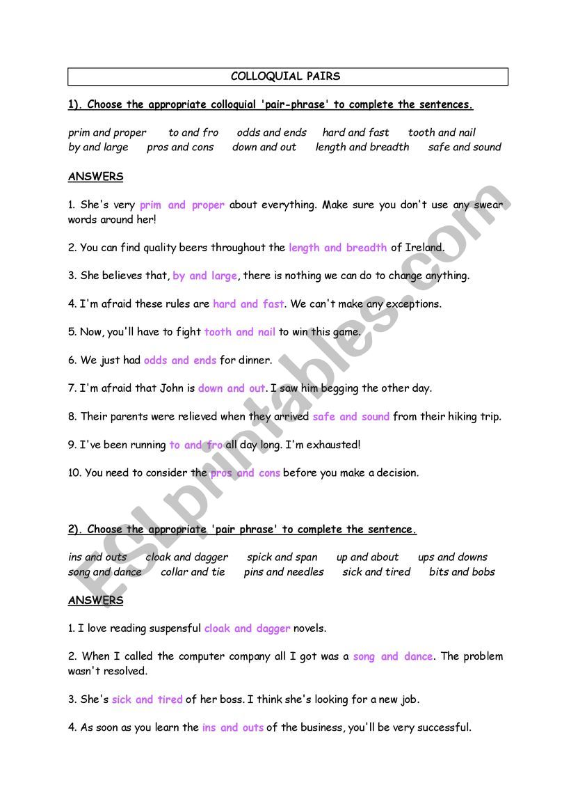 COLLOQUIAL PAIRS worksheet