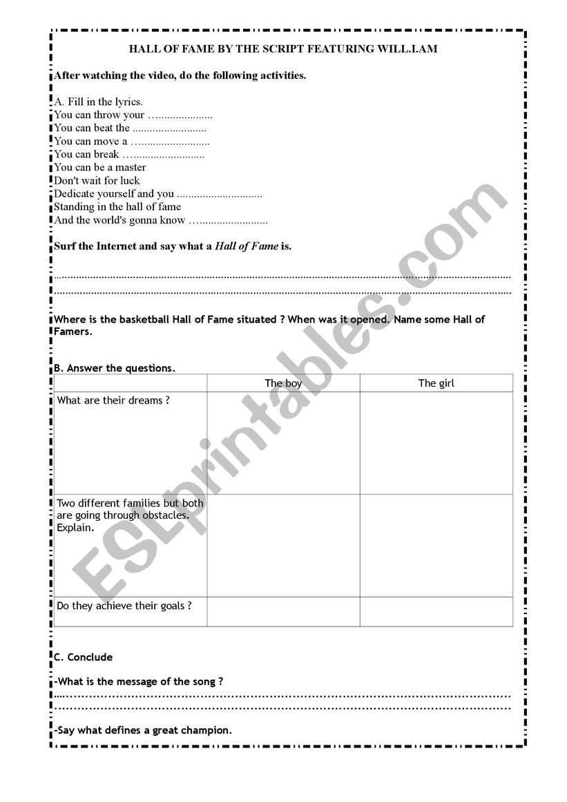 Hall of Fame song worksheet