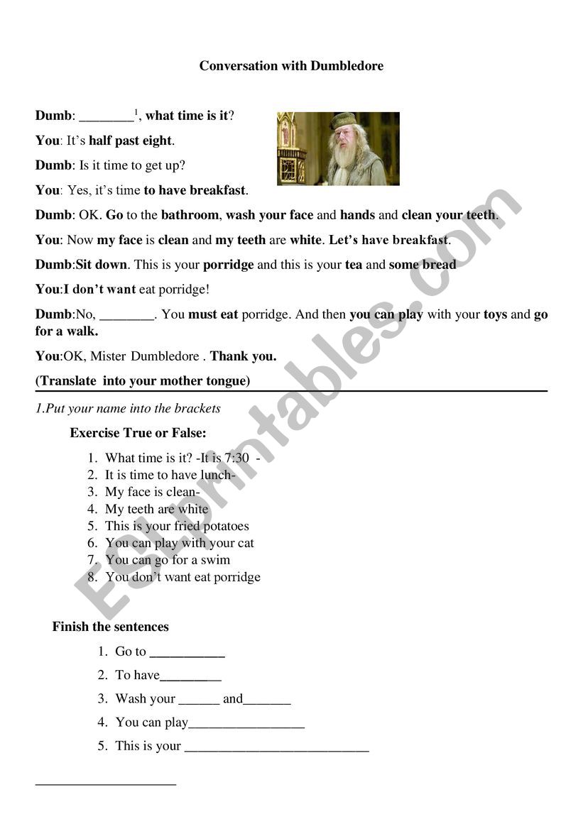 Conversation with Dumbledore worksheet
