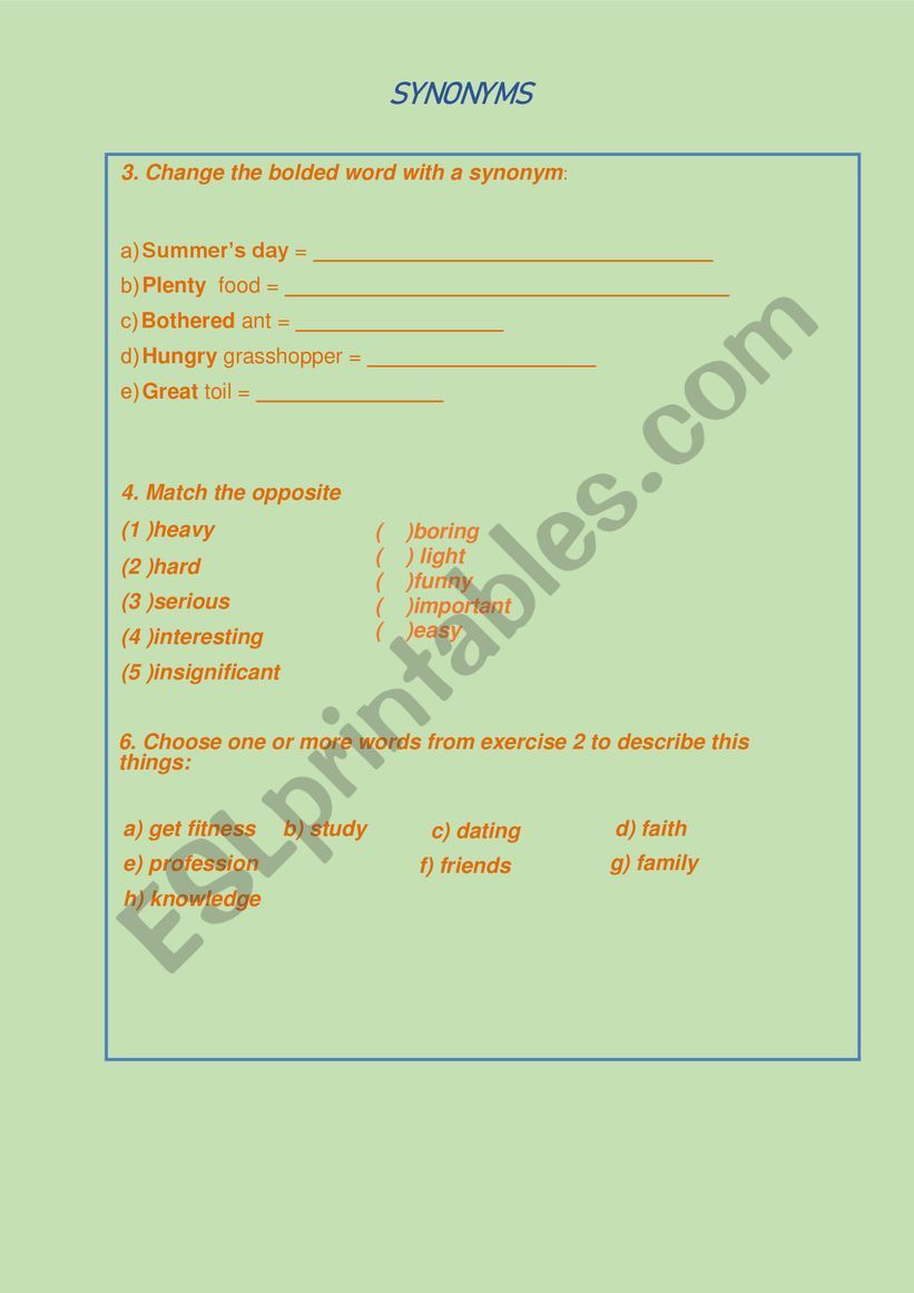 Synonyms worksheet