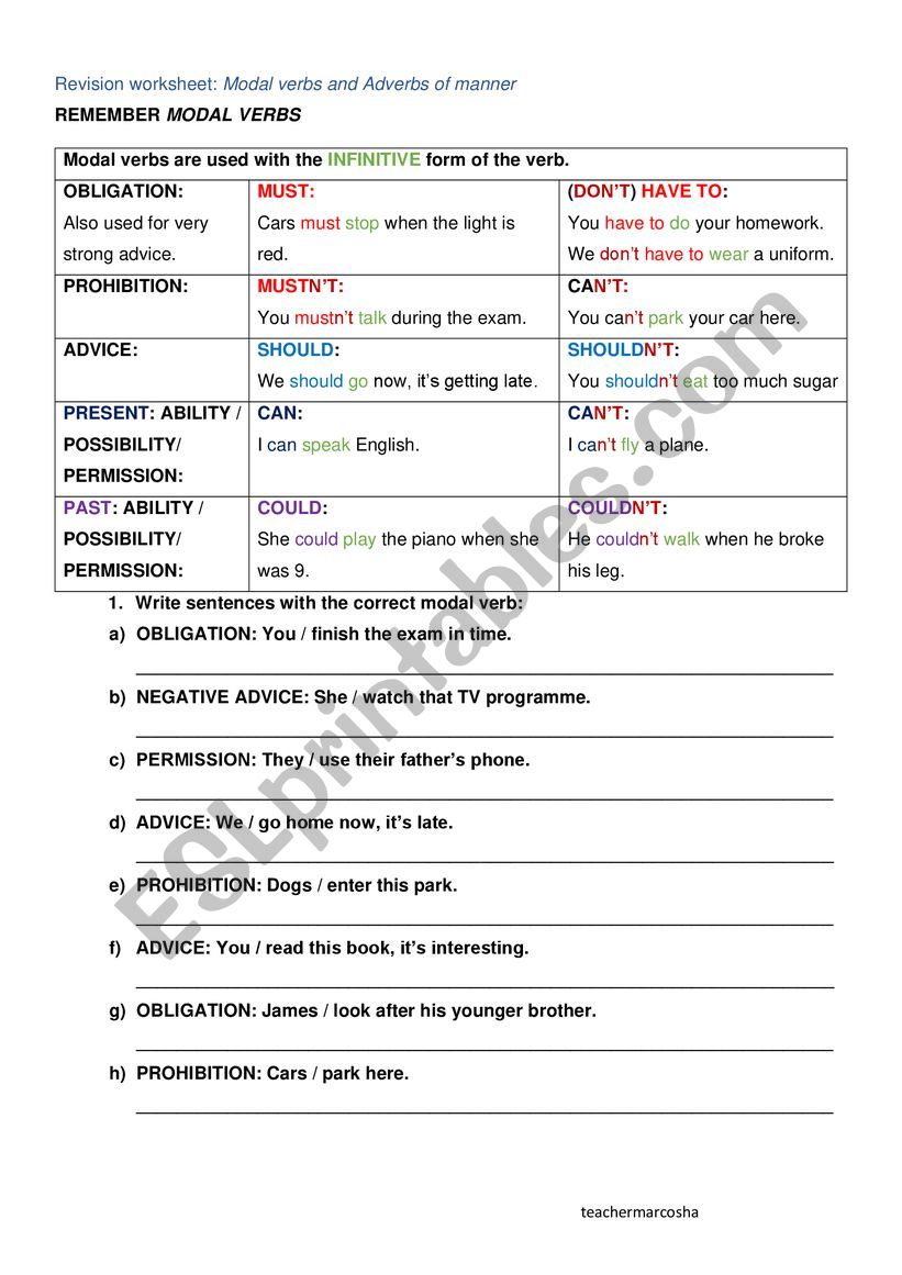 Revision Worksheet Modal Verbs and Adverbs