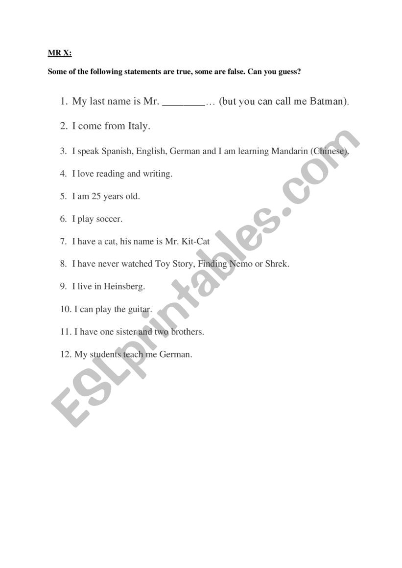 Mister X worksheet