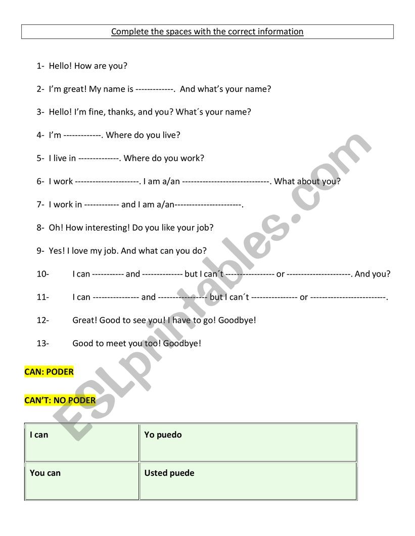 CAN or CANNOT worksheet
