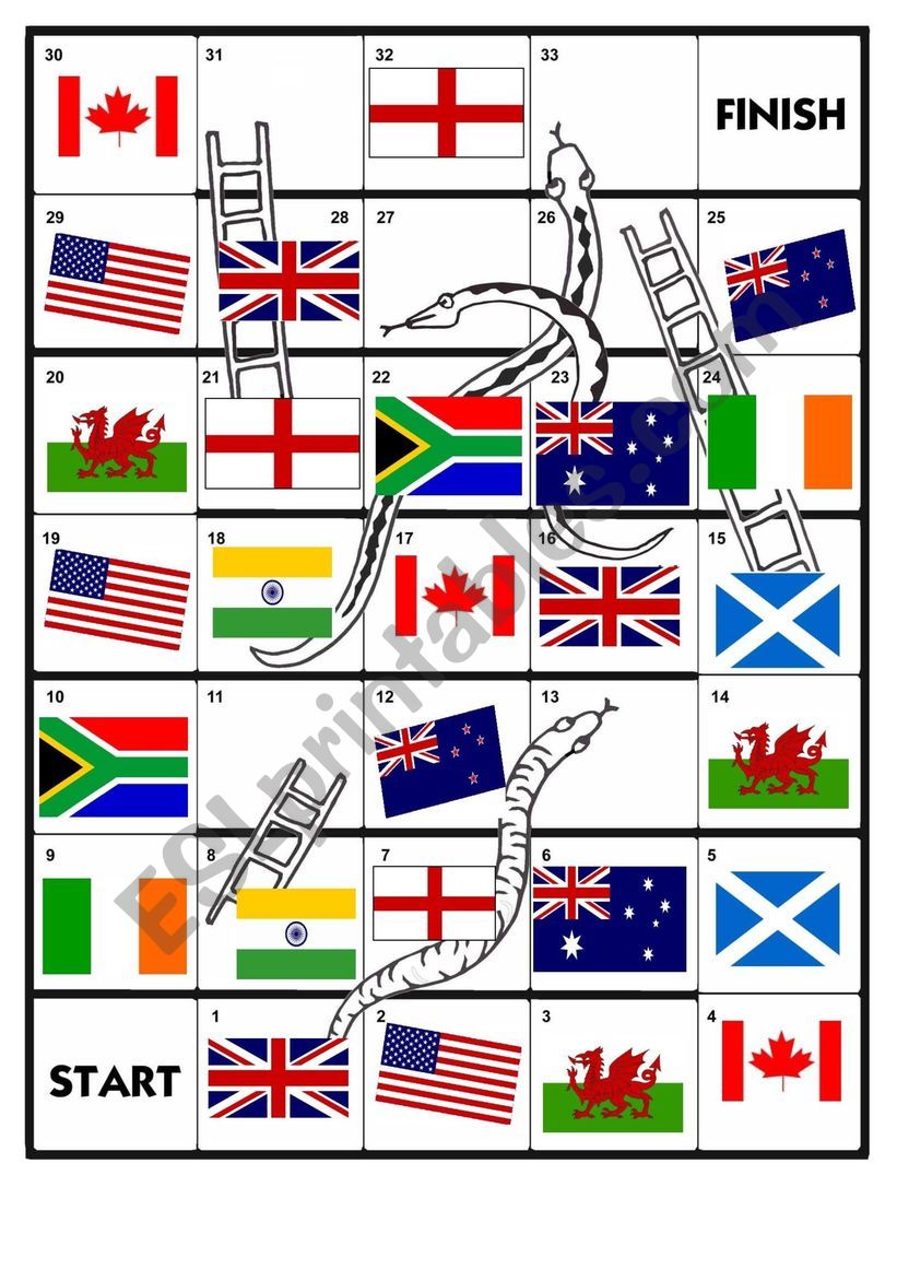Snakes And Ladders - English Speaking Countries Flags