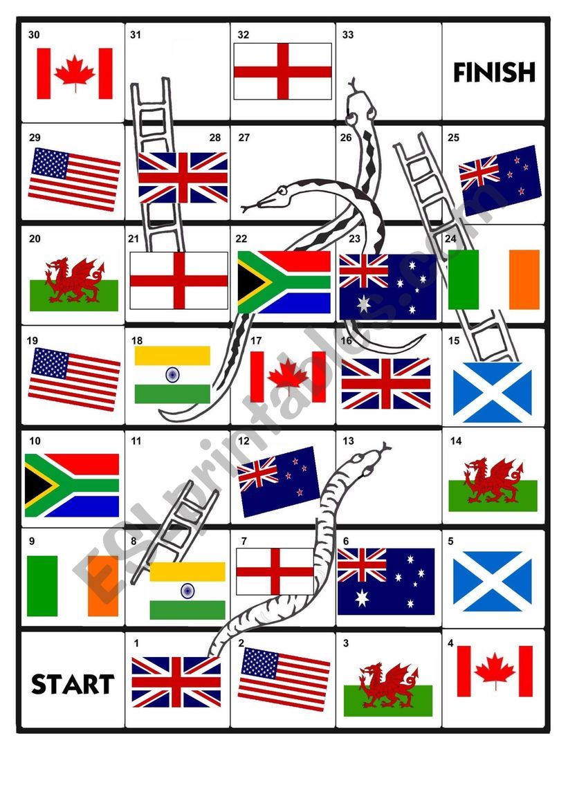 Snakes And Ladders - English Speaking Countries Flags