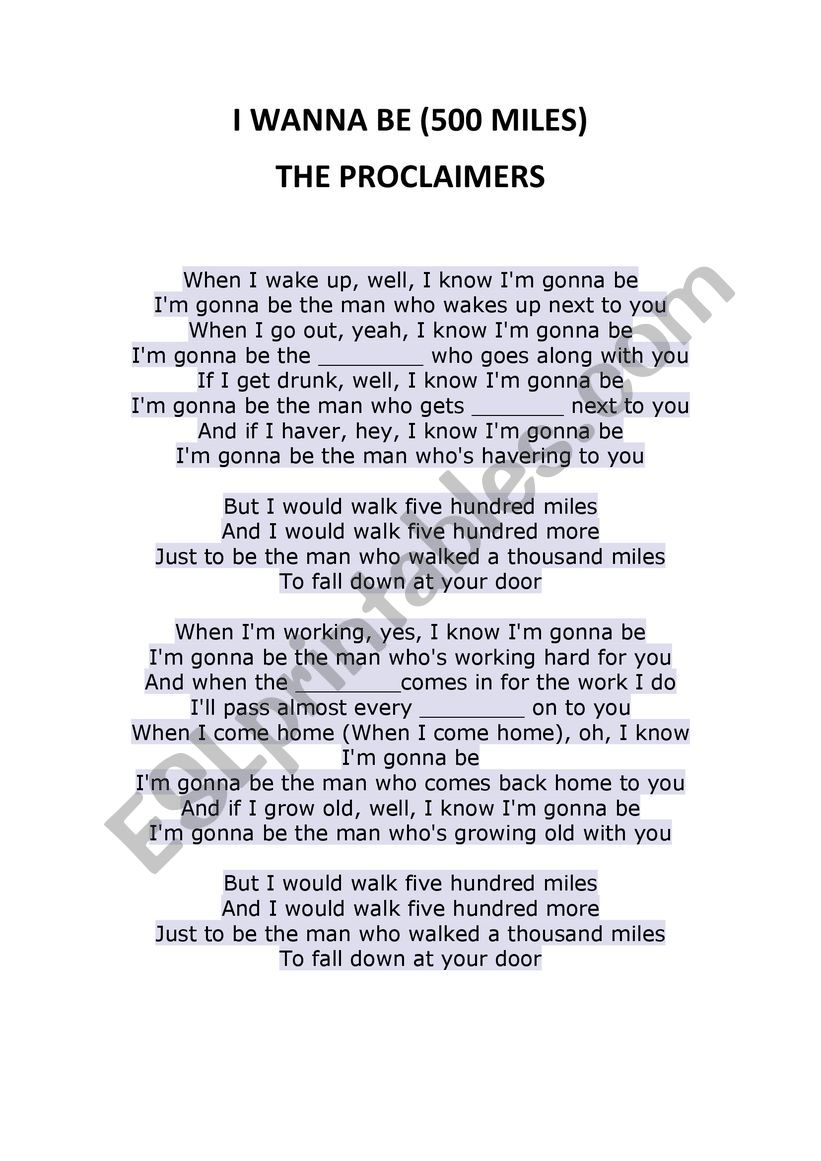 Song 500 miles worksheet