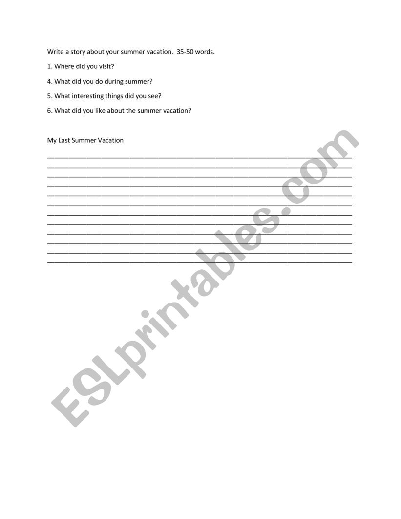 Summer Vacation Writing worksheet