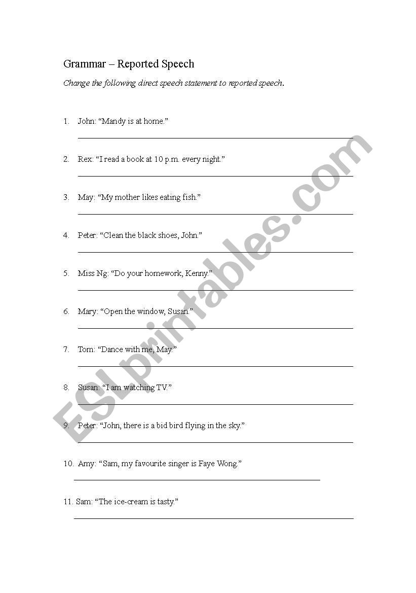 Reported Speech worksheet