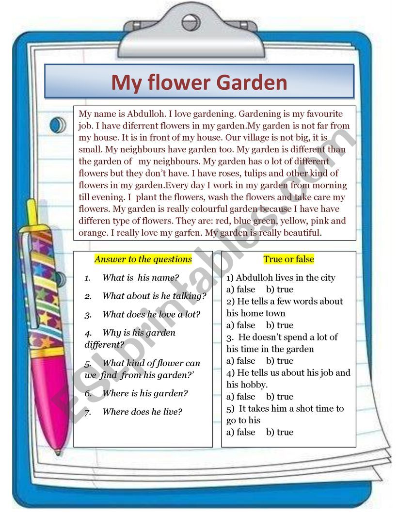 Reading worksheet
