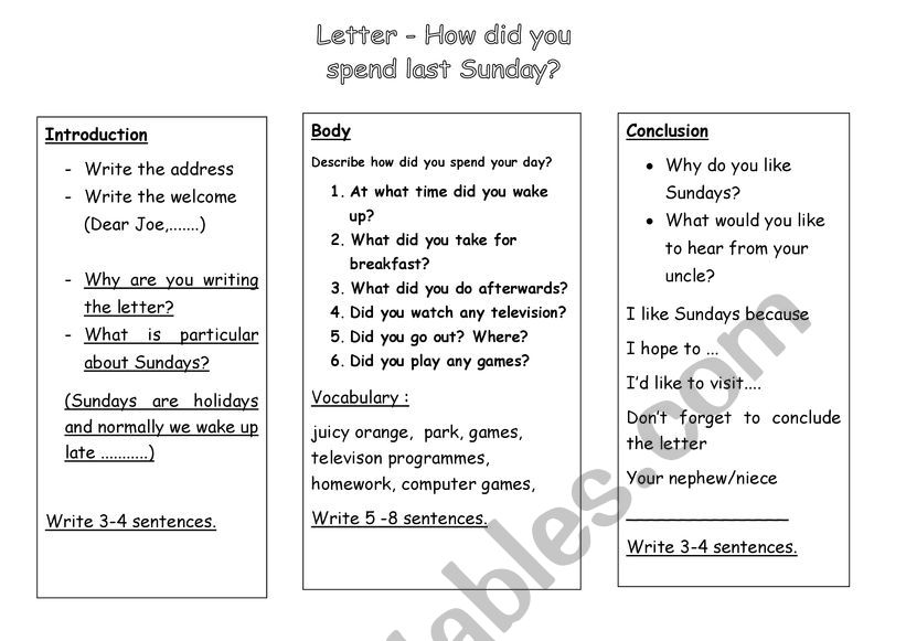 Letter Writing Plan - How did you spend last Sunday?