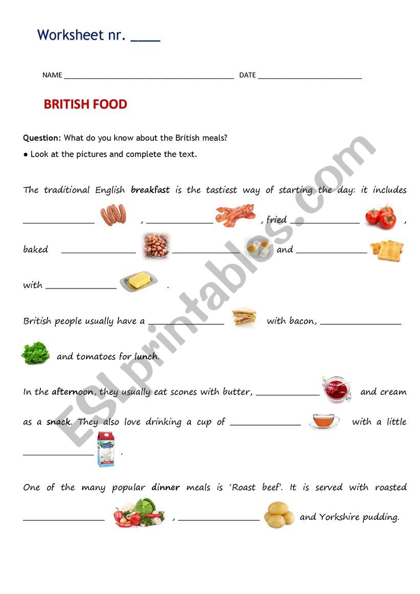 British meals worksheet