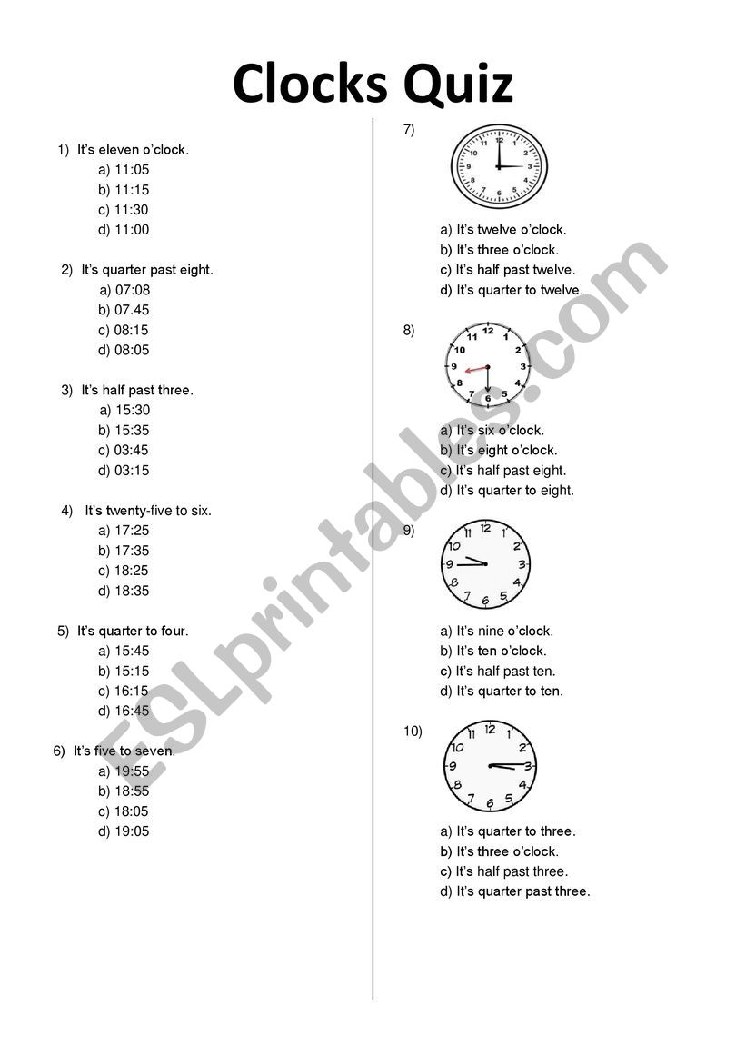 Clock Quiz worksheet