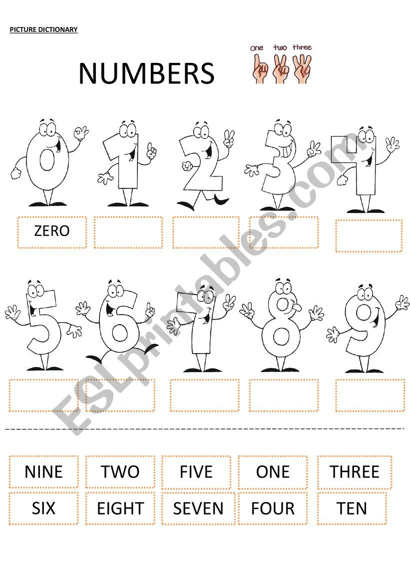 Picture Dictionary Numbers 1-10 worksheet