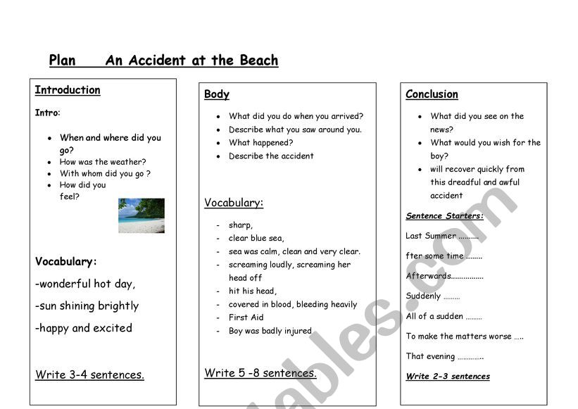 An accident at the beach - A plan for a writing activity
