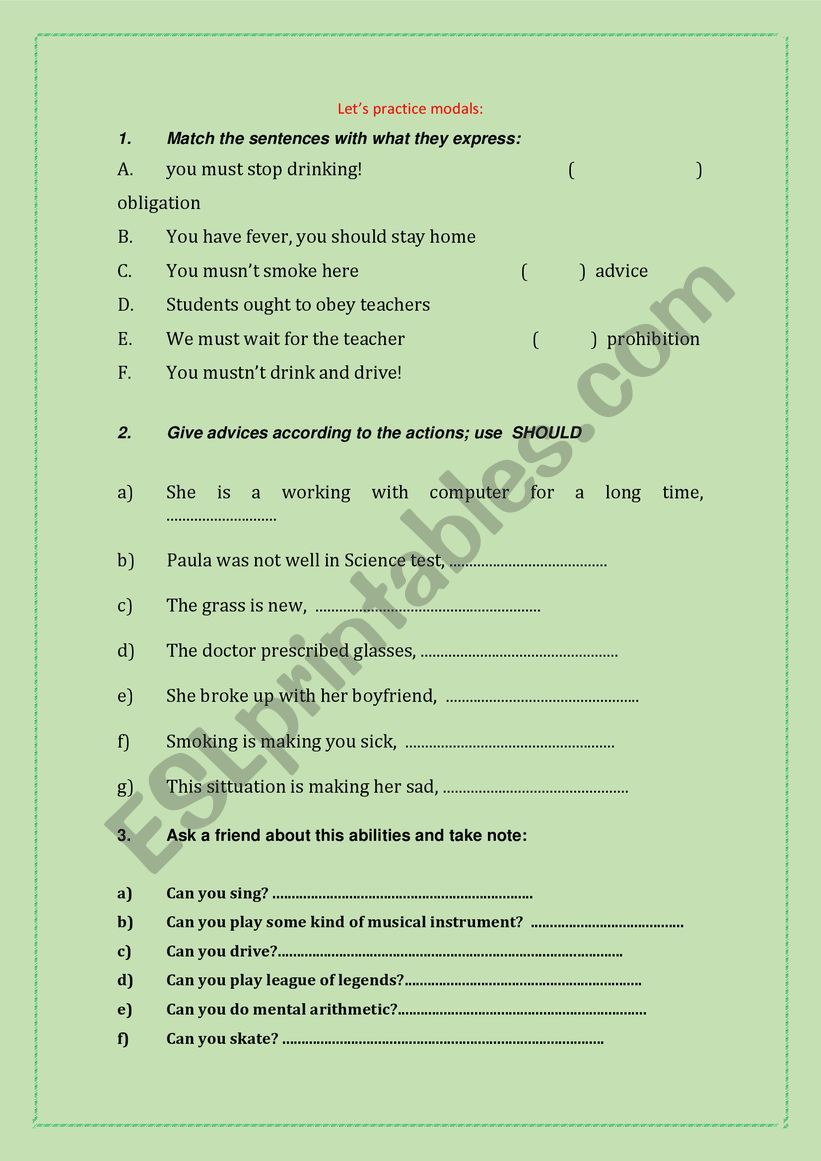 Modals  worksheet