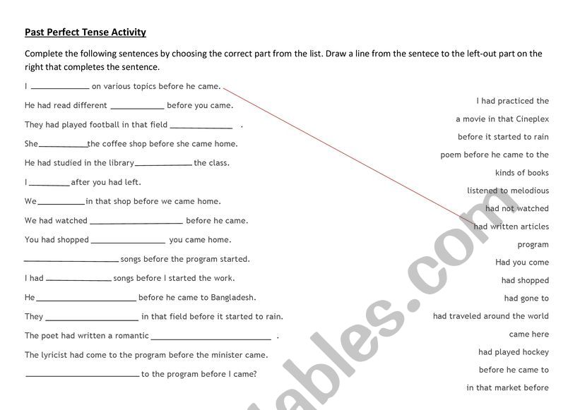 Past Perfect Tense Matching Activity