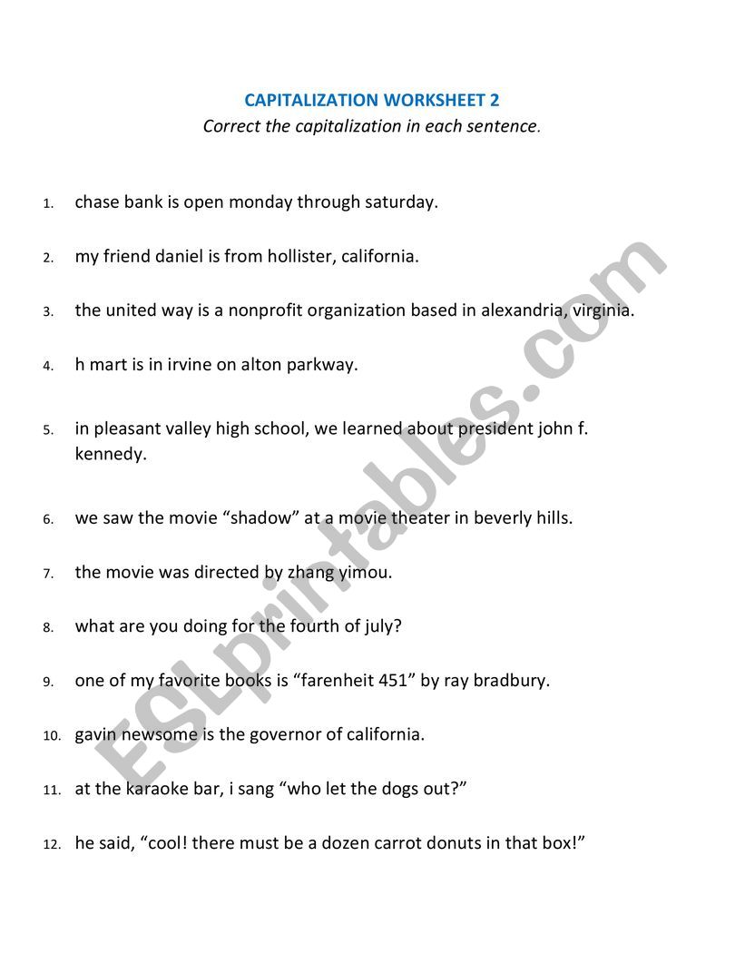 Capitalization Worksheet worksheet