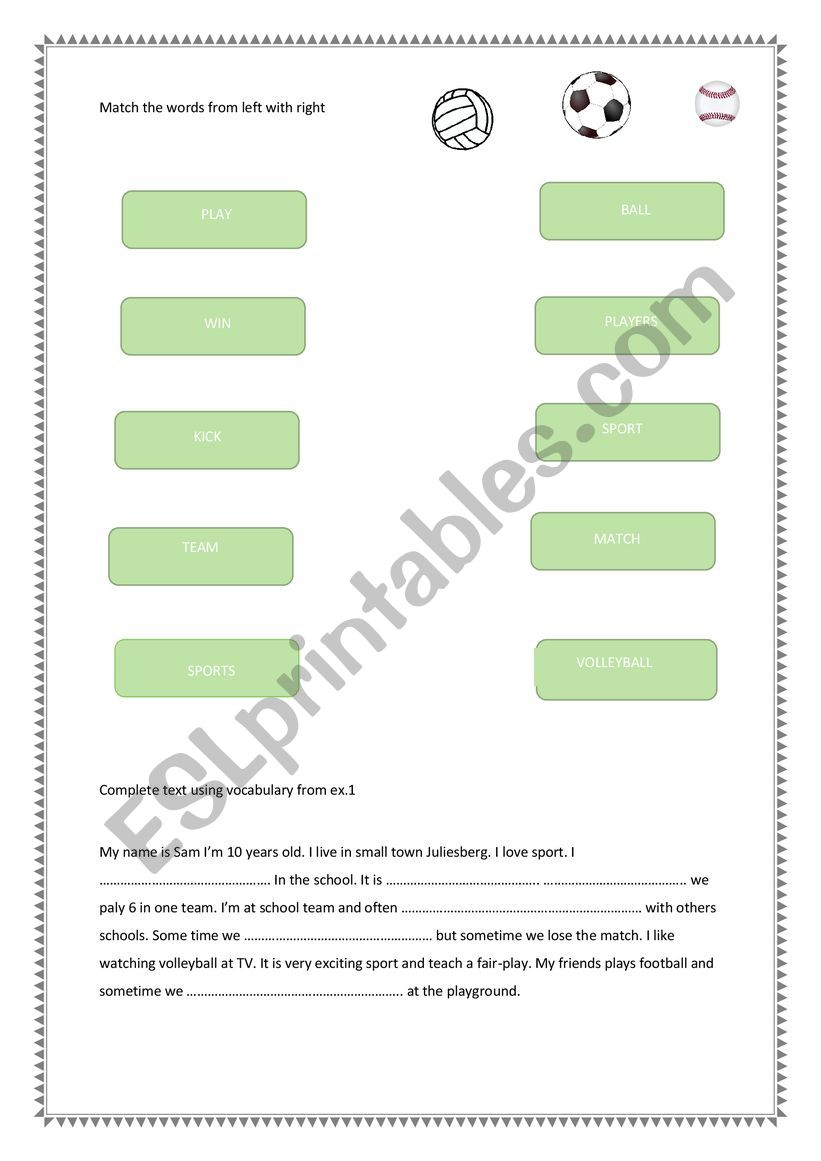 Sport matching words worksheet