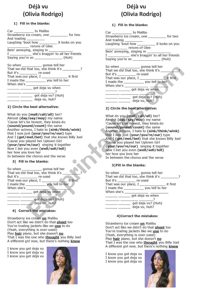 Deja vu Olivia Rodrigo worksheet