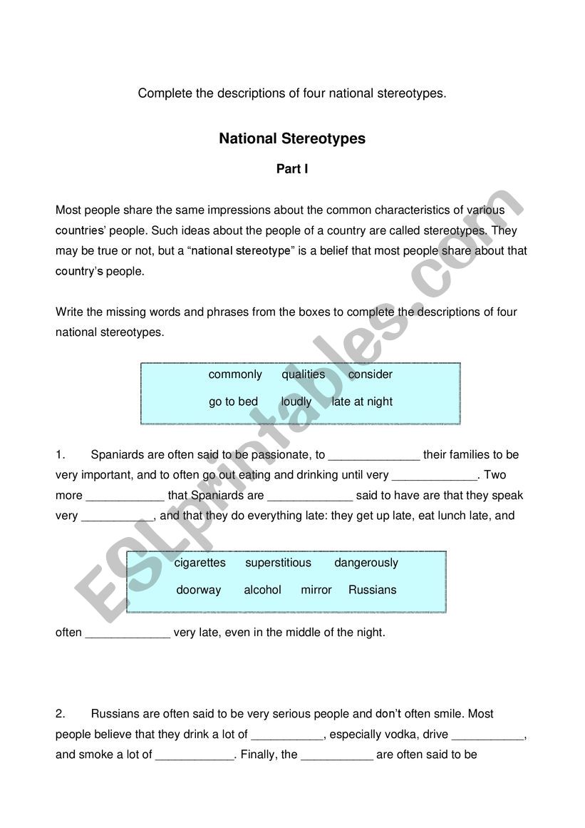 National stereotypes worksheet