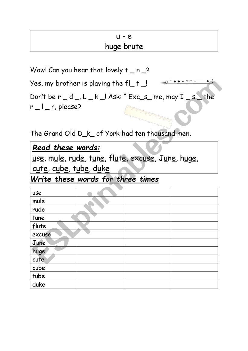 The Phonic Sound u e words worksheet