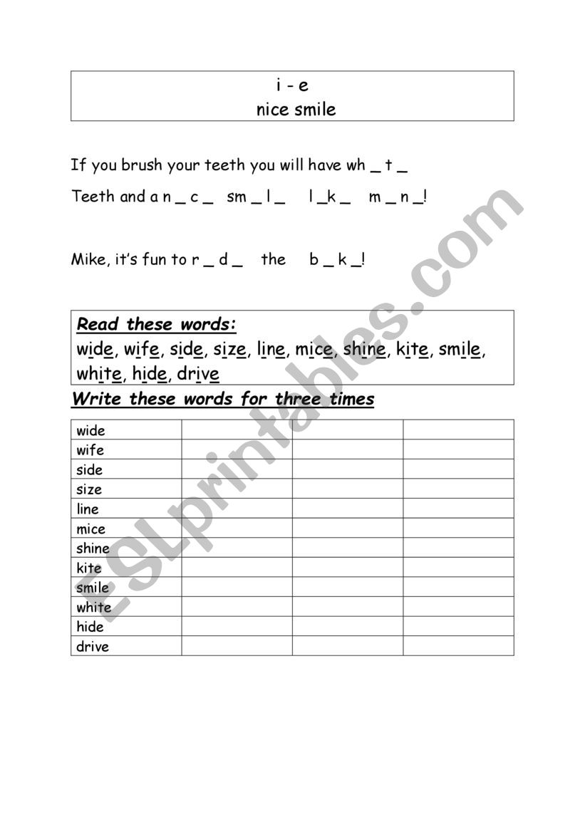 The Phonic Sound i e words worksheet