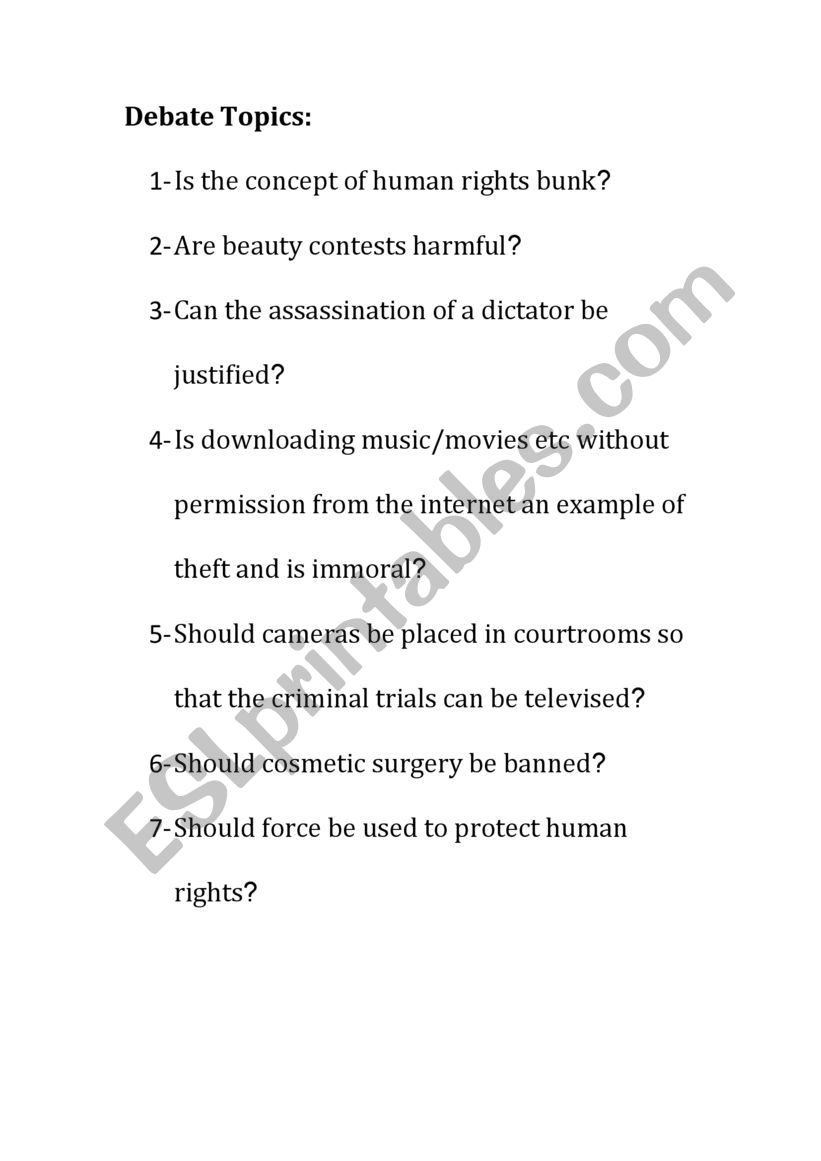 debate topics worksheet