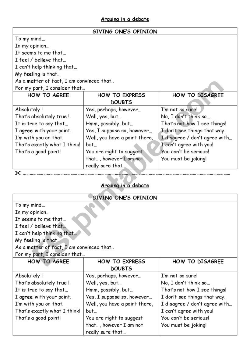 giving opinion in a debate worksheet