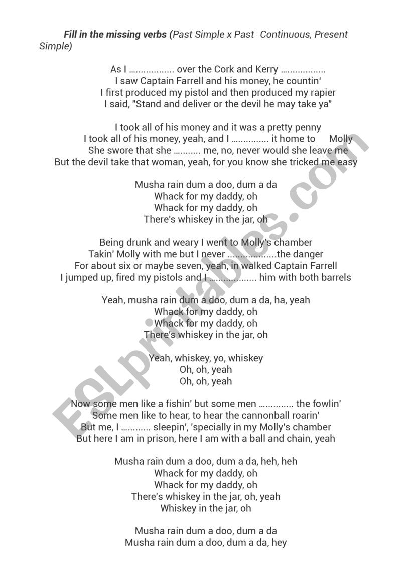 Whiskey in the Jar song lyrics gap fill