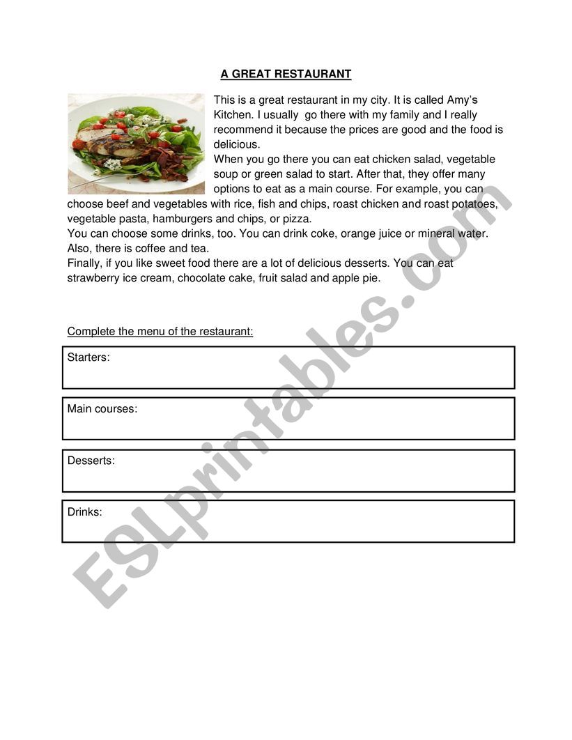 Reading: A great restaurant worksheet