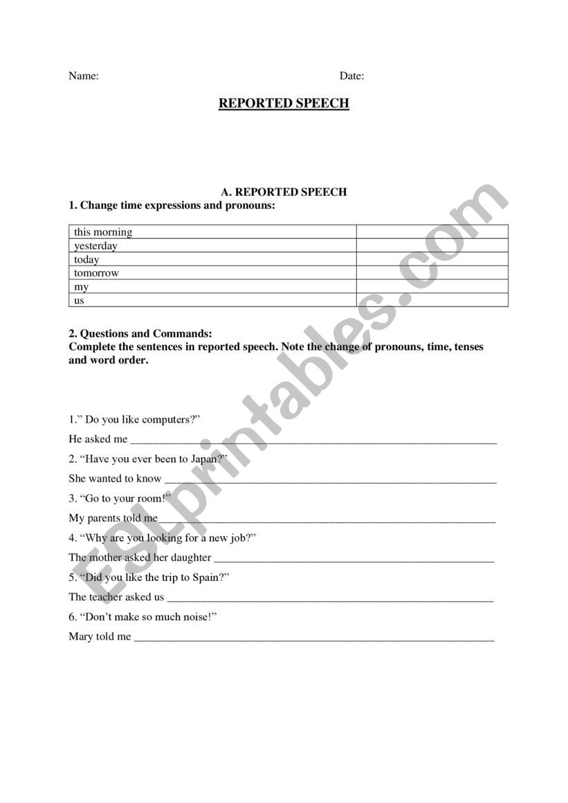 Reported Speech Exercise worksheet