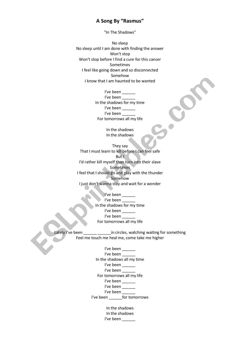 lyric in the shwadows worksheet