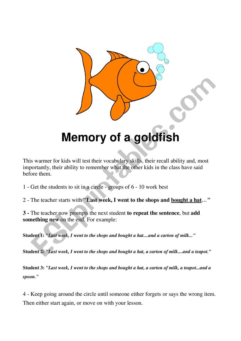 Memory of a fish game worksheet