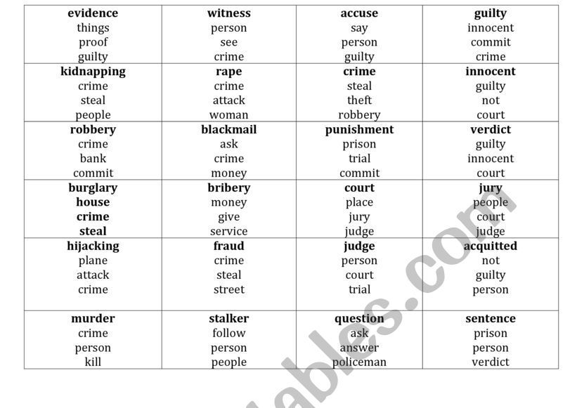 Taboo Crime worksheet