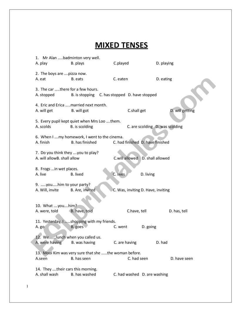 REVISION ON MIXED TENSES worksheet